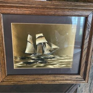 Dufex gold etching Sailing Ship Art Print in Wooden Frame. Vintage